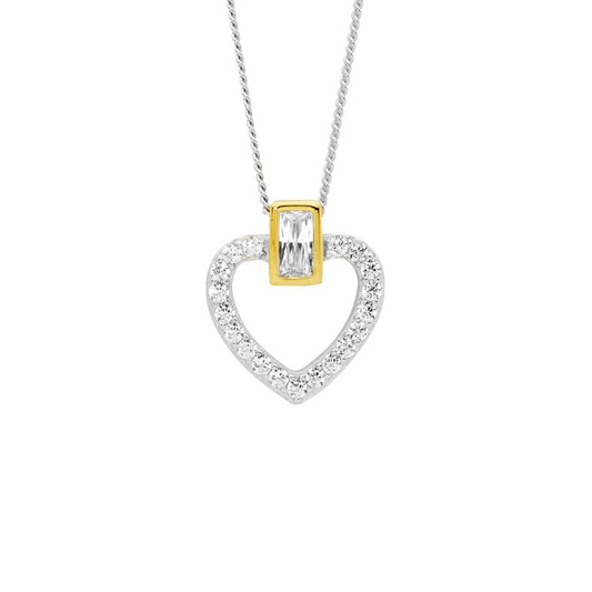 Ellani Sterling Silver CZ Heart Pendant P880G Yellow Gold Highlights with 45 cm Chain