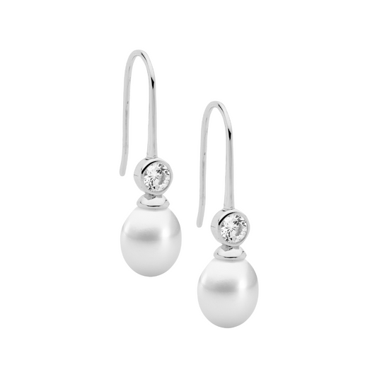 Ellani Sterling Silver Freshwater Pearl Drop Earrings E609S