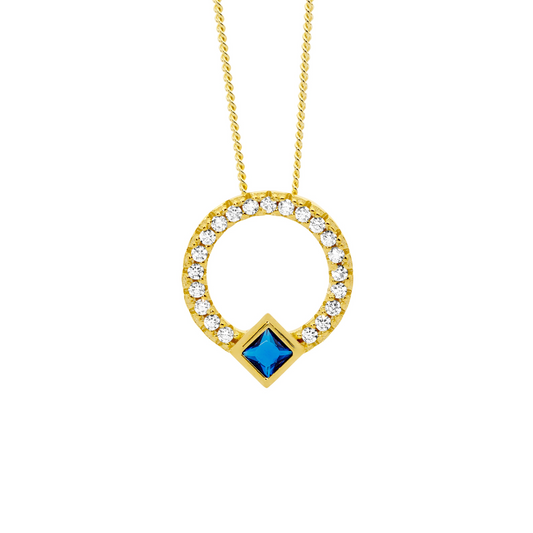 Ellani Gold Plated Dark Blue Princess & White Round Cut CZ Circle Pendant P877DBG