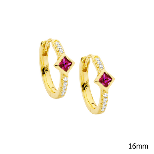 Ellani Gold Plated Hoop Earrings Set w Red Princess & White Round Cut CZ E600RDG