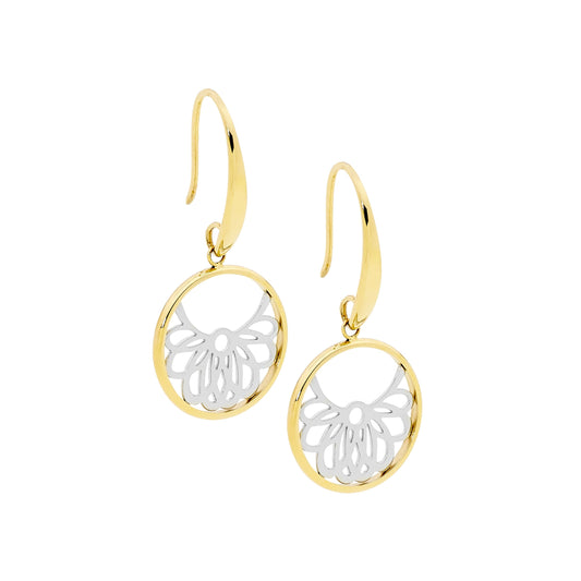 Ellani Stainless Steel Filigree Circle Drop Earrings with Gold IP SE244G