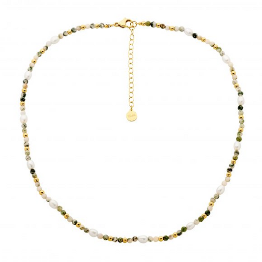 Ellani Stainless Steel Necklace with Tree Agate & Fresh water Pearl & Gold IP Plate SP133