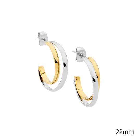 Ellani Stainless Steel Two Tone Double Hoop Earrings with Gold IP SE242G