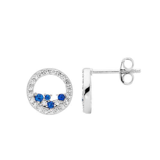 Ellani Sterling Silver 10mm Open Circle Stud Earrings w Scattered Blue & White CZ E575DB