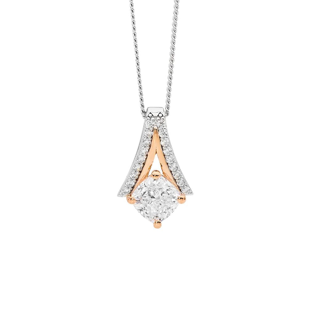 Ellani Sterling Silver CZ Open 'V' Pendant with Rose Gold Plating P858R