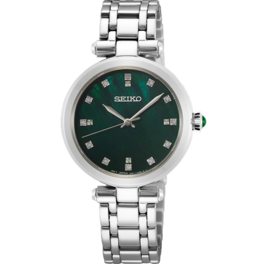 Seiko Ladies Stainless Steel Diamond Set Green Mother of Pearl Watch SRZ535P1
