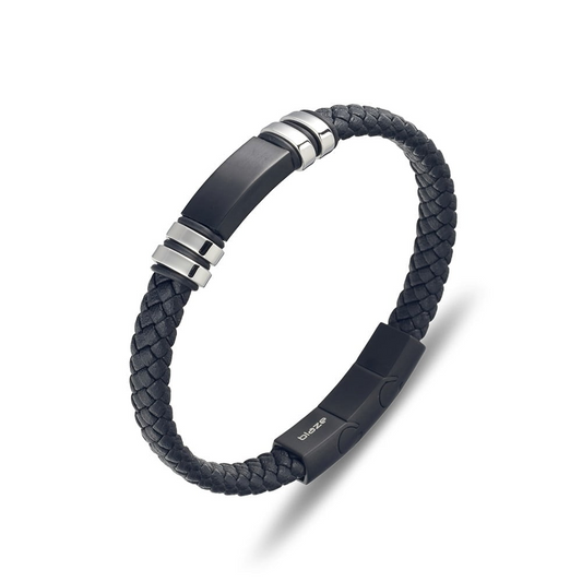 Stainless Steel Black Leather Bracelet with Steel Details SSBG294